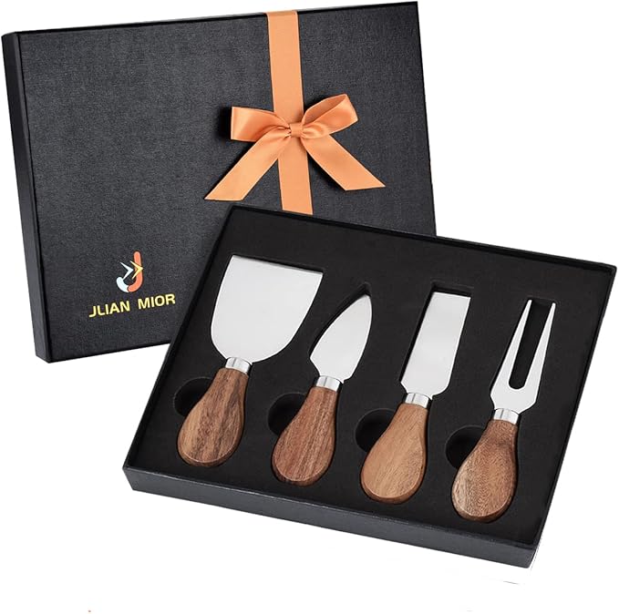 Exquisite 4-Piece Cheese Knives Set,Complete Stainless Steel Cheese Knife Collection(Acacia Wood Handle),Gift-Ready