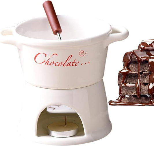 Chocolate Fondue Mug - 330 ml Ceramic Chocolate Melting Cup | Ceramic Personal Fondue Coffee Mug Warmer with Fork | Handmade Melting Butter Warmer for Appetizer Dessert Cheese (White)