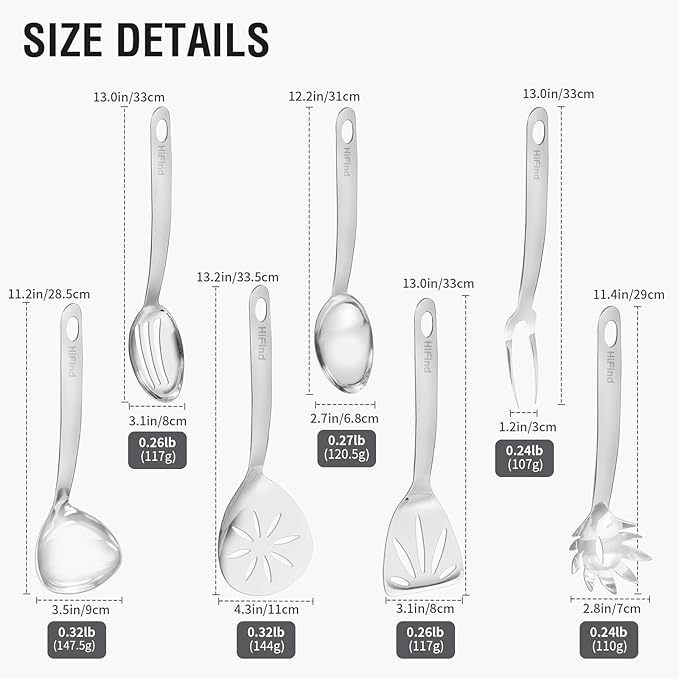 Stainless Steel Cooking Utensils Set, 7PCS Kitchen Utensils Set, Durable Kitchen Utensils - Meat Fork, Solid Serving Spoon, Ladle, Pasta Fork, Skimmer, Slotted Serving Spoon, Slotted Spatula