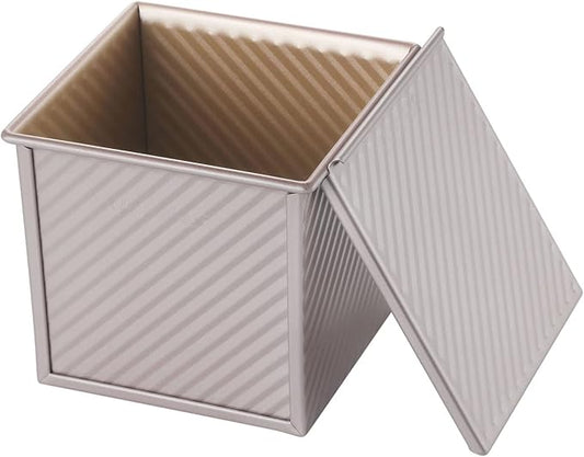 CHEFMADE Square Pullman Loaf Pan with Lid, 1Lb Dough Capacity Non-Stick Rectangle Corrugated Toast Box for Oven Baking 5.7" x 5.7"x 5.2"(Champagne Gold)