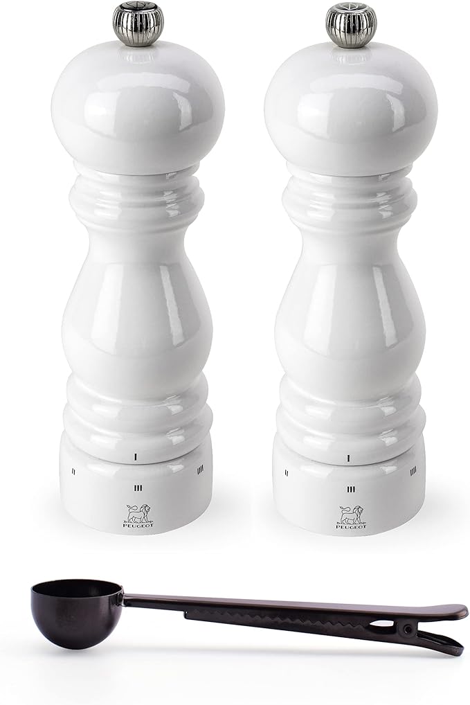 Peugeot Paris u'Select 6 Setting Manual Salt & Pepper Mill Set With Black Stainless Steel Spice Scoop Made In France (White Lacquered, 7- Inch)