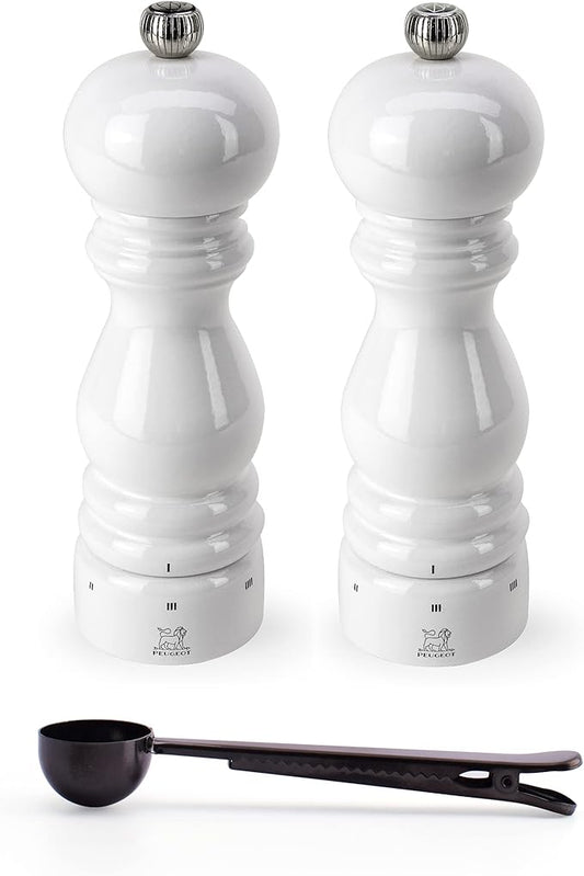 Peugeot Paris u'Select 6 Setting Manual Salt & Pepper Mill Set With Black Stainless Steel Spice Scoop Made In France (White Lacquered, 7- Inch)