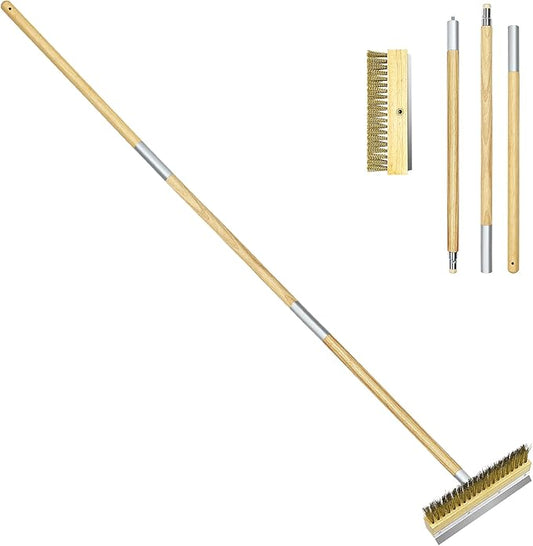 Pizza Oven Brush Brass Bristles with Steel Scraper 60 Inch Long Wood Handle Outdoor Pizza Oven Tool