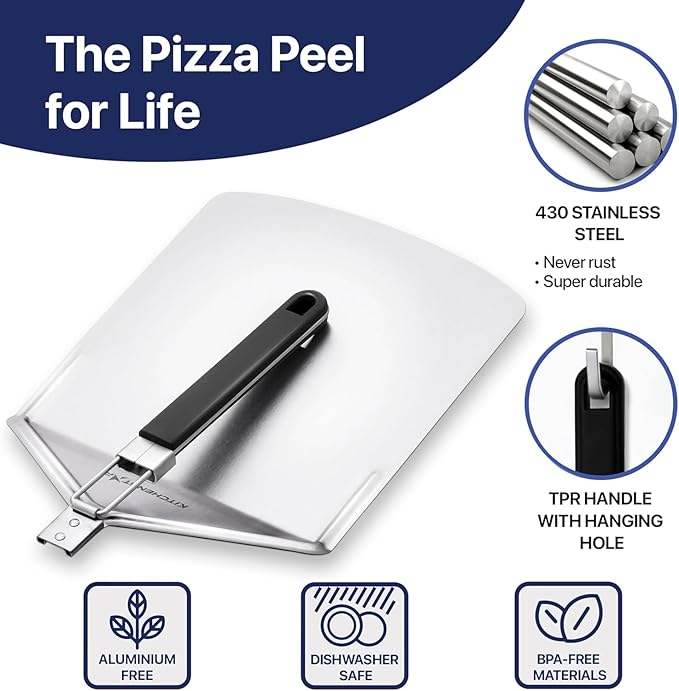 KitchenStar Stainless Steel Pizza Peel 12 inch with 10 inch Folding Handle, Medium - Spatula Paddle for Effortless Pizza Transfer & Easy Storrage - Outdoor Pizza Oven Accessories