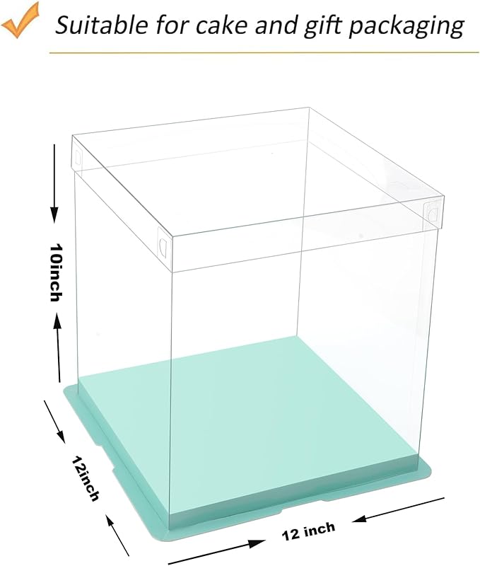 XININSUN clear cake box with ribbon,10inch 12inch cake boxes,transparent tall cake box cake carrier,Square Cardboard Cake Containers clear gift box for Wedding,Birthday,Party(6pcs-green)