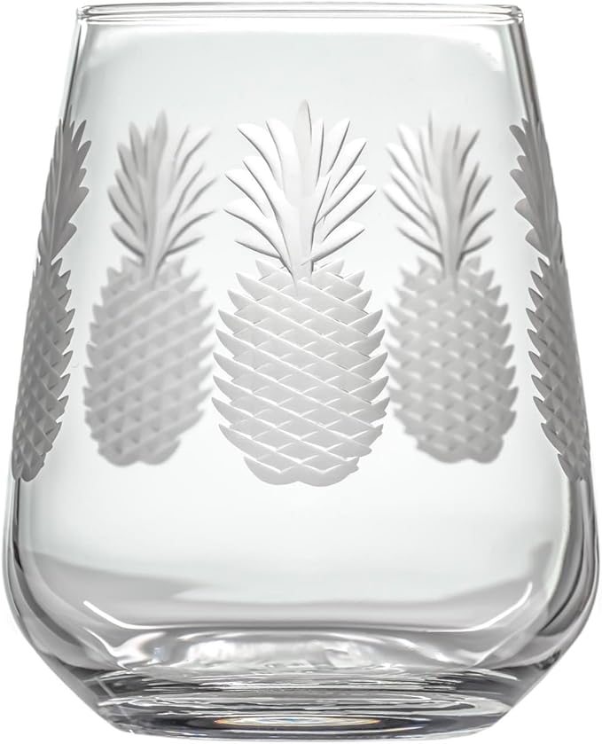 Rolf Glass Fresh Pineapple Stemless Wine Glass | 15.75oz Stemless Tumblers | Lead-Free and Diamond-Wheel Engraved | Tropical Coastal Etched Glassware with Pineapple Design | Set of 4