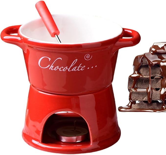 Chocolate Fondue Mug - 330 ml Ceramic Chocolate Melting Cup | Ceramic Personal Fondue Coffee Mug Warmer with Fork | Handmade Melting Butter Warmer for Appetizer Dessert Cheese (Red)