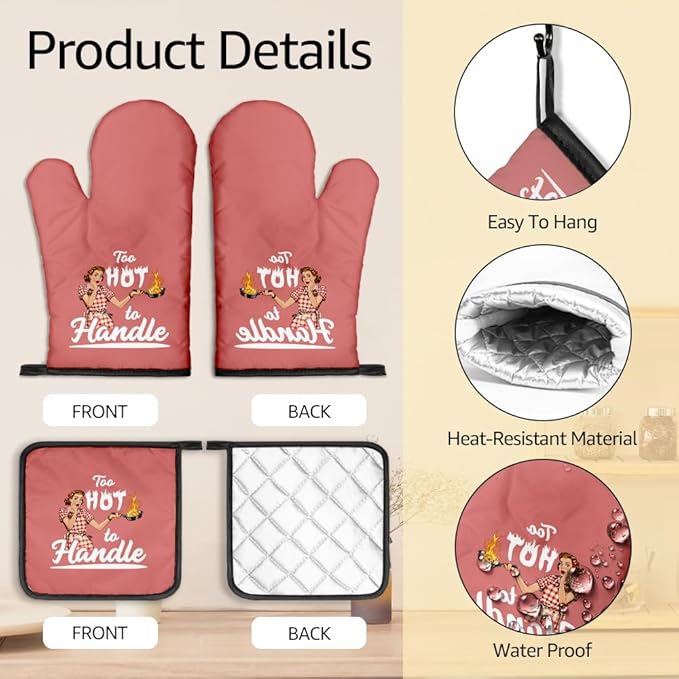 Too Hot to Handle Funny Oven Mitts and Pot Holders Sets, Retro Kitchen Decor Oven Mitts for Women, Baking Gifts for Her Housewives, Housewarming Present for Bakers, Hostess Gifts for Mom Wife