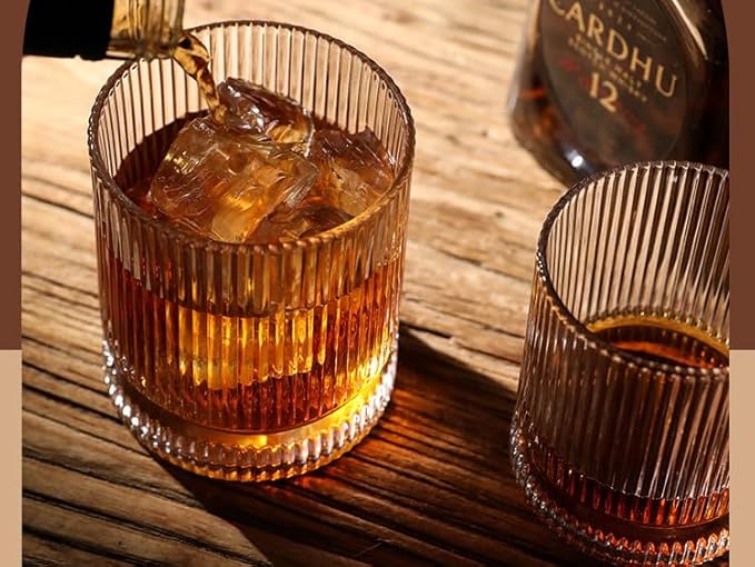 Ribbed Whiskey Glasses Set of 8, 12 Oz Lead-Free Crystal Heavy Base Barware Glass, Perfect for Bourbon Rocks Cocktail Scotch Drinking