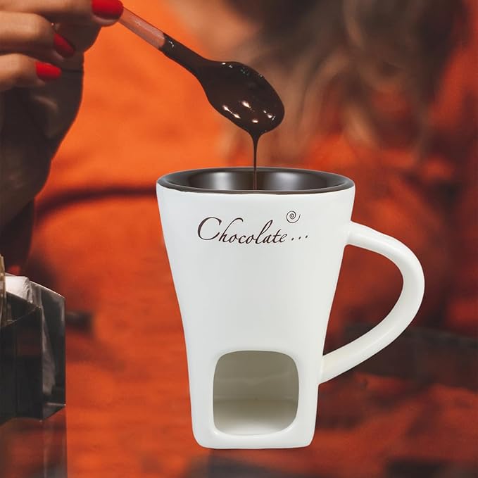 DECHOUS 2 Pack Fondue Pot Ceramic Chocolate Fondue Mug Set with 2 Forks Personal Fondue Mugs Melting Pot for Chocolate, Cheese, Butter, Suitable for Home Party Wedding