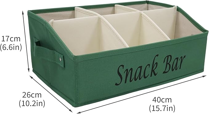 Snack Organizer for Countertop, Fabric Snack Bar Station with Handles, 6 Compartment Container, Kitchen Pantry Storage and Organizer, Green