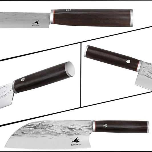 Hand Forged Chef Knife, 7.6-inch High Carbon Stainless Steel Blade for Slicing, Ash Wood Handle, with Leather Sheath, Suitable for Kitchen, Outdoor Cooking, BBQ