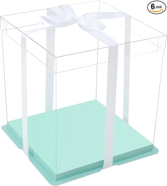 XININSUN 14x14x12inch clear cake box with ribbon,12inch14inch tall cake boxes for tiered cakes,layer cake carrier,disposable cake containers,ideal for wedding birthday party and gift display-Green