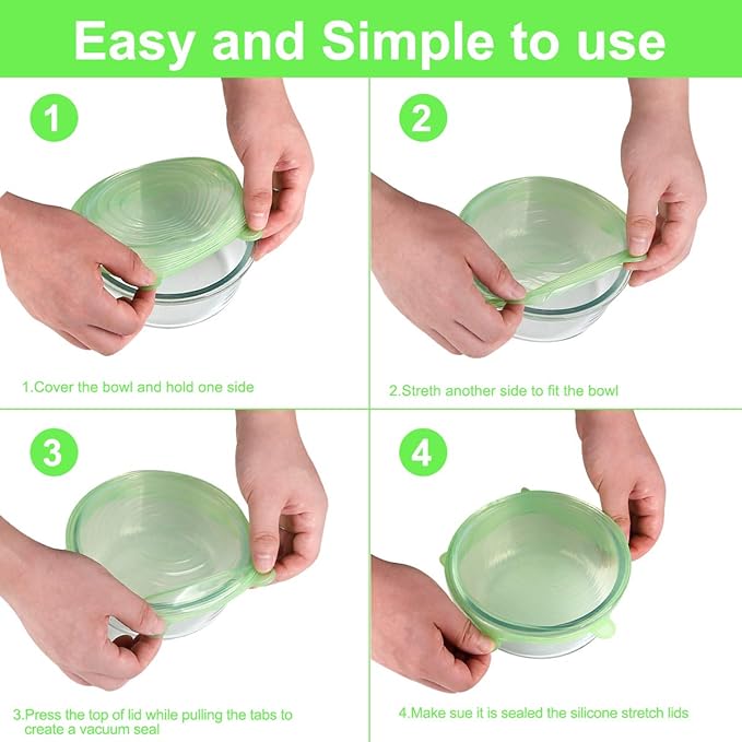 Silicone Stretch Lids, 12 Pack Silicone Lids, 6 Sizes BPA-free Silicone Bowl Covers Reusable for Cups, Bowls and Dish, Flexible, Round and Rectangle Fit 2.6” - 8.2” Container, Green & Blue