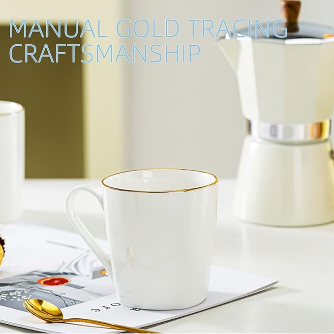 10 Oz White Bone China Coffee Mugs,Porcelain Tea Cups Ceramic Lightweight Set of 6, Luxury Mugs with Gold Trim for Espresso, Hot Cocoa, Cappuccino, Latte and Cold Drinks, Microwave Safe