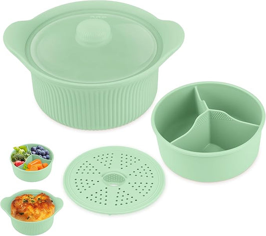 Silicone Microwave Steamer - Microwave Pot Steamer Basket Bowl for Baby Food, Vegetables & Dumplings, Compact & Lightweight Design, Oven & Dishwasher Safe (Green, L 42oz(1250ml))