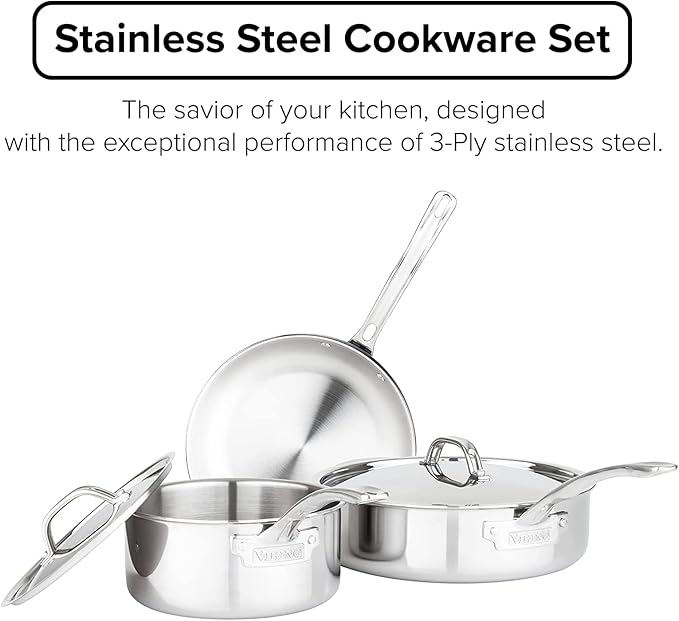 Viking Culinary 3-Ply Stainless Steel Cookware Set with Metal Lids, 5 Piece, Dishwasher, Oven Safe, Works on All Cooktops including Induction