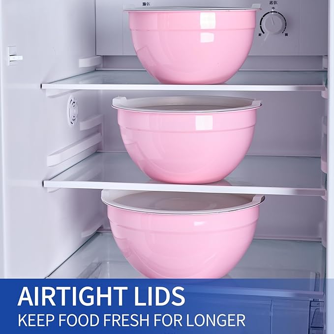 Pink Mixing Bowls With Airtight Lids,Stainless Steel Bowl,Salad Bowls 7 Piece Colorful Nesting Bowl Pink Kitchen Accessories,Size 7,3.6,2.7,2.1,1.5,1.1,0.8QT Stackable Design