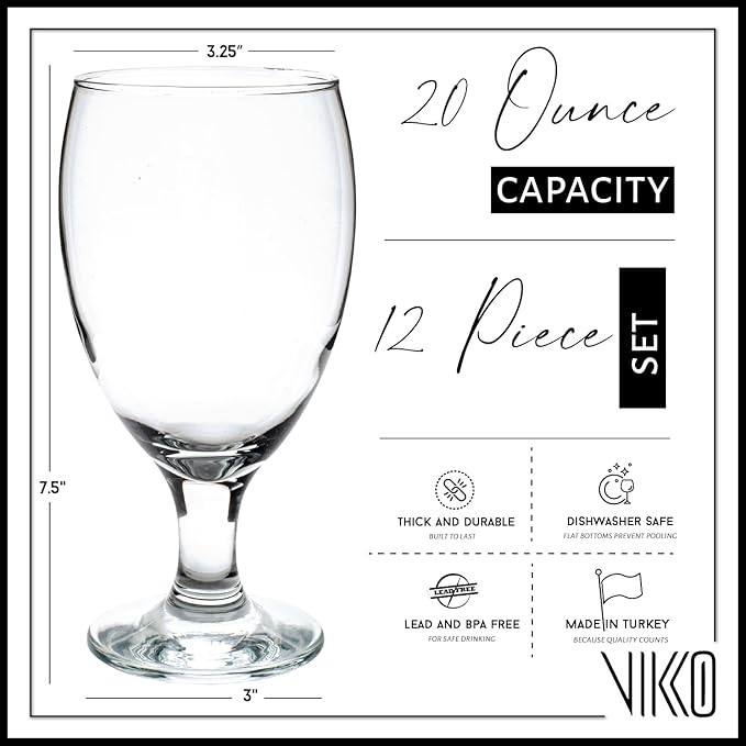 Vikko Classic Goblet Party Glasses, 20 Ounce Iced Tea and Water Goblets, Set of 12, Dishwasher Safe Durable Glassware