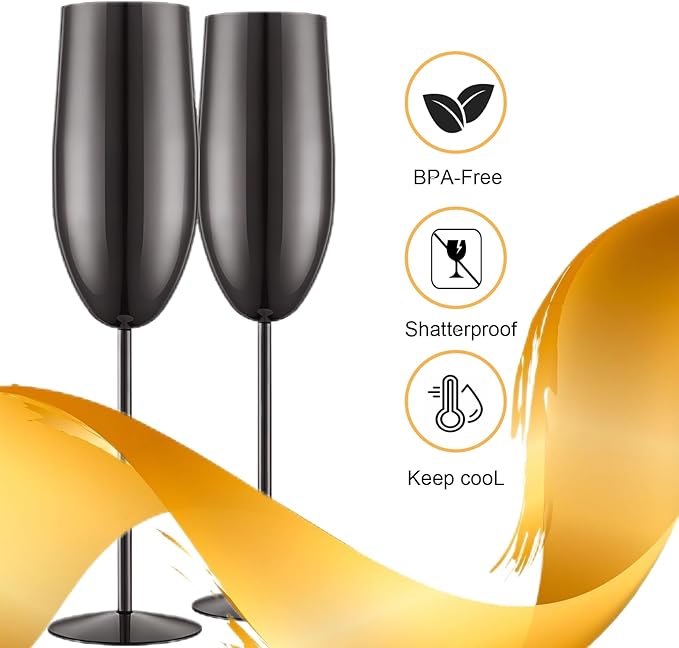 Champagne Glasses Set of 2 Stainless Steel Champagne Flutes Wedding Gifts for Bride 8.5 oz Unbreakable Champagne Glasses for Party Wedding Christmas Anniversary Brithday