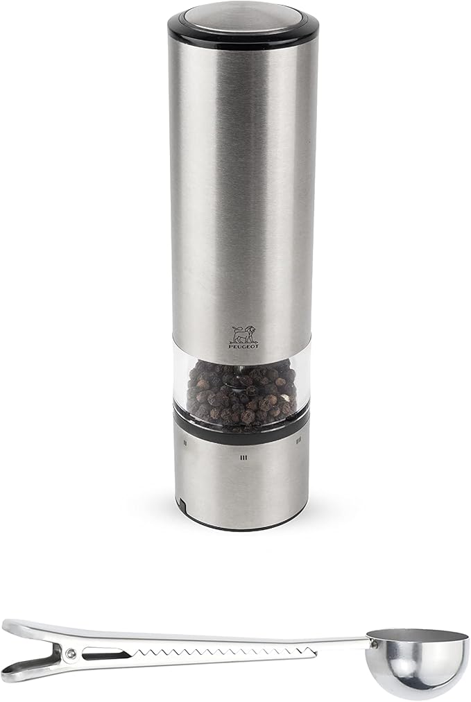 Peugeot Elis Sense U-Select 8 Inch Pepper Mill Gift Set - With Stainless Steel Spice Scoop/Bag Clip
