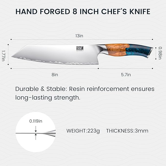Chef Knife, 8-inch Hand Forged Professional Kitchen Knife with Japanese 10Cr15MoV Stainless Steel Gyuto Knife with Blue Ergonomic Handle, Razor-Sharp Cooking Knife in Gift Box