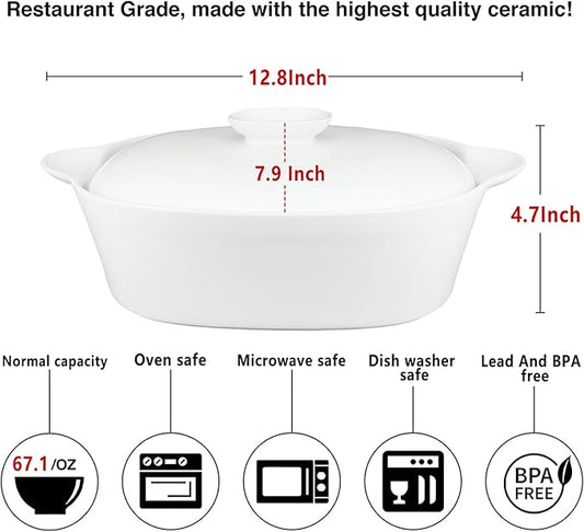 Casserole Dish with Lids, 2 Quart French White Ceramic Tureens, 12.8" x 7.9" Baking Dish, Serving Tureen Soup, for Casseroles, Lasagna Cookware Set, Microwave, Oven Safe