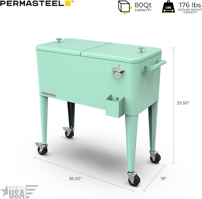 Permasteel 80 Quart Party Cooler, Rolling Ice Chest with Wheels and Handles for Indoor Outdoor Patio