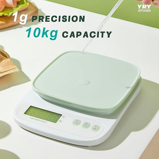 YRY Minimalist Precision Kitchen Scale - 22lbs (10kg) Capacity, 1g (0.035oz) Graduation, Large LCD Display, Tare Function, and ML Unit Green(10kg/1g)