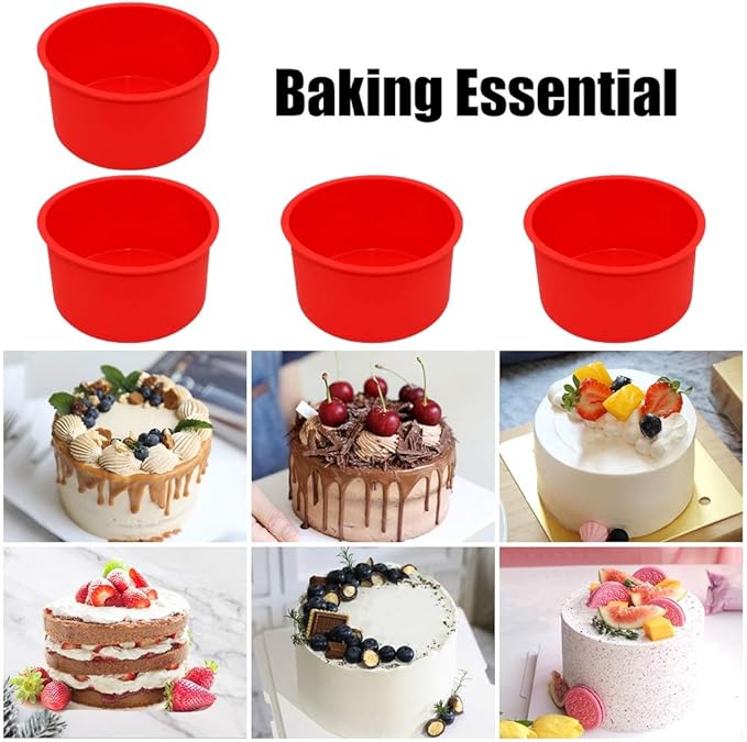 Silicone Cake Mold Baking Pan Round 4 Inch Non-Stick Bakeware Pan Reusable Cake Pan, Red, Set of 6