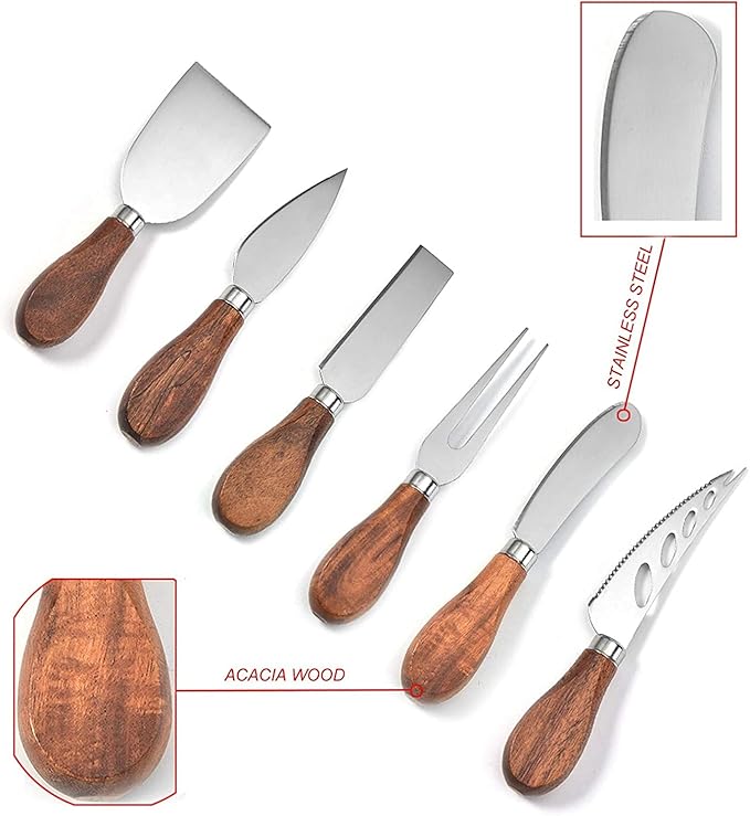 Exquisite 6-Piece Cheese Knives Set, Stainless Steel Cheese Knife Set Collection (Acacia Wood Handle)