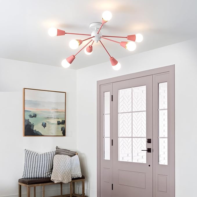 Pink Sputnik Chandelier Ceiling Light Fixture, 8-Lights Modern Sputnik Lights Fixture with E26 Base, Semi Flush Mount Ceiling Light for Bedroom Kitchen Dining Room Entryway