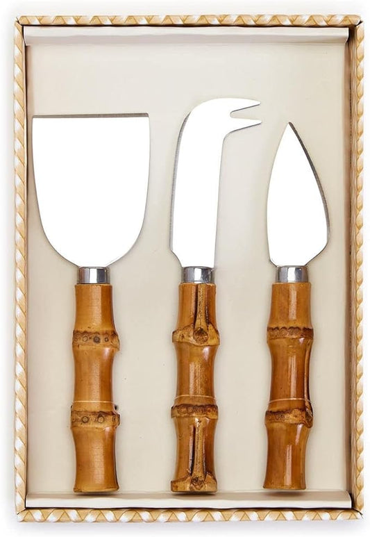 Two's Company Set of 3 Natural Bamboo Handle Cheese Knives in Gift Box