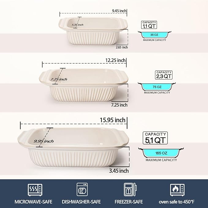 Artena Casserole Dishes For Oven, Ceramic Baking Dish, Large Lasagna Pan With Handles, Baking Pan Casserole Dish, Rectangular Bakeware Deep, White, Set Of 3 (5.1Qt/2.3Qt/1.1Qt) (Only Baking Dish)