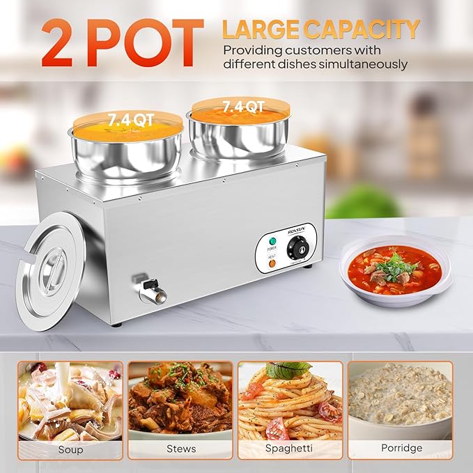 ROVSUN Electric Soup Warmer, 15QT Commercial Food Warmer Steam Table, Countertop Bain Marie with Dual 7.4QT Pots, 86~185°F Adjustable Temperature, Lid and Tap for Buffet Restaurant 1200W