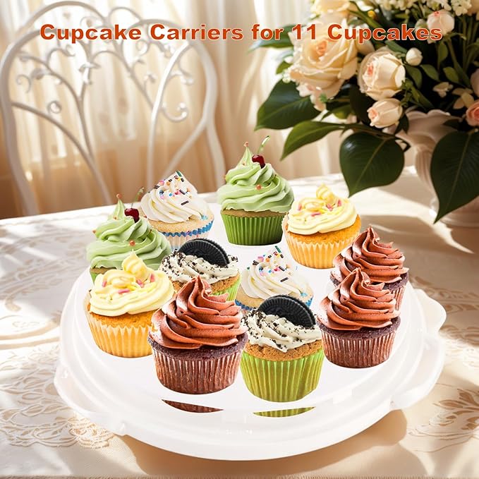 10" Round Cake Carrier Stand with Lid and Handle,Portable Two Sided Cake Holder Serves as 5 Section Fruit Tray,Cupcake Containers for 11 Cupcakes (White)