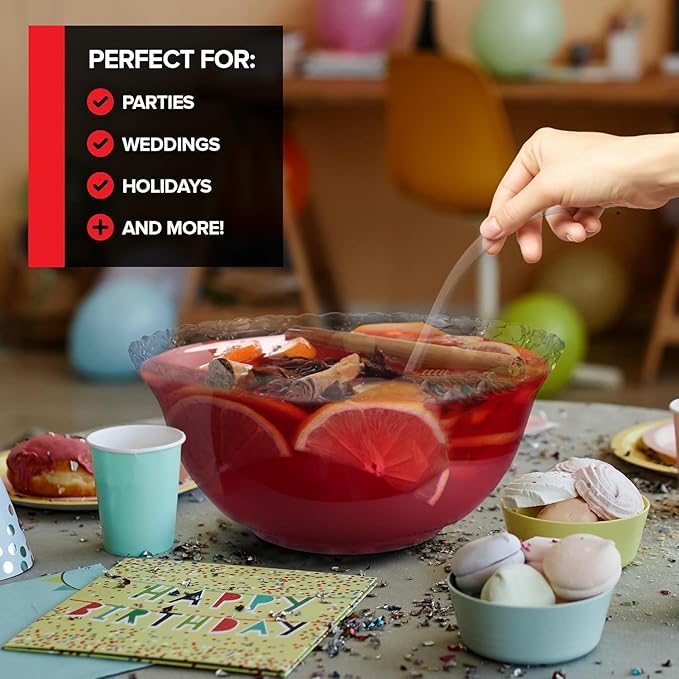 Premium Plastic Punch Bowl with Ladle, Fancy Disposable Punch Bowls for Parties, Holidays, Schools, Halloween, and More, Quality Glass Like Appearance, Large Punch Bowl with Ladle Set 3 Pack