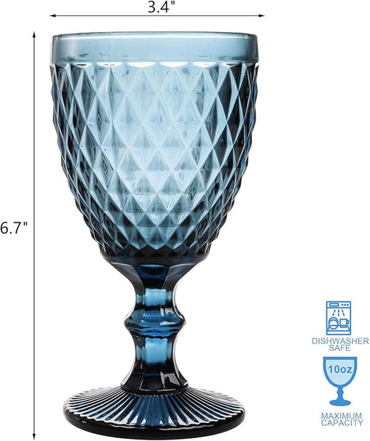 ZOOFOX Set of 6 Vintage Wine Glasses, 10 oz Colored Glass Goblet with Stem, Diamond Design Embossed Glassware for Baby Shower, Wedding, Party, Holiday
