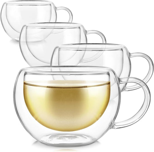 Teabloom Modern Classic Insulated Cups – 6 oz / 200 ml – Set of 4 Double Walled Glass Cups for Tea or Espresso