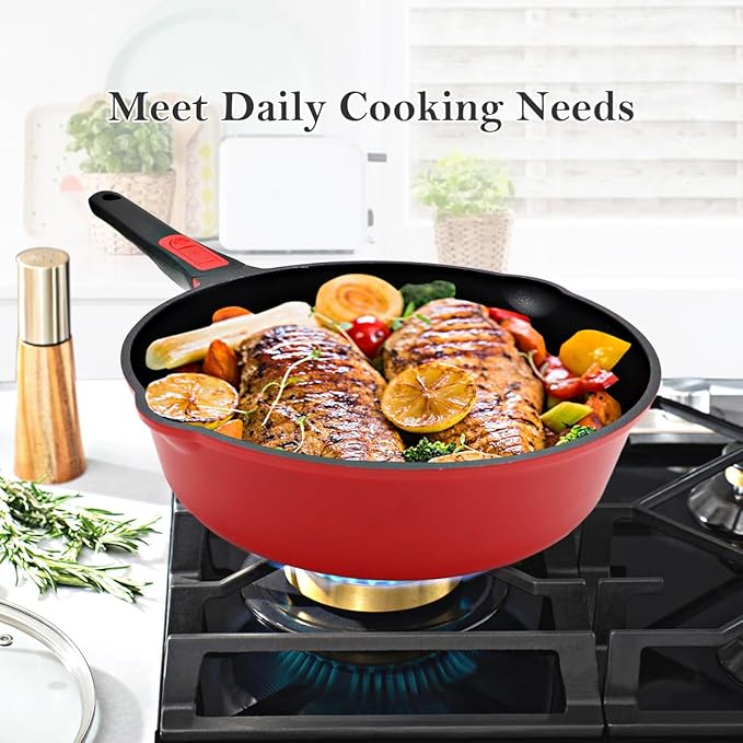 11 Inch Nonstick Deep Frying Pan with Lid, 4-Pc Set - (4.5 Qt Saute Pan with Lid, Steamer/Strainer Basket, Silicone Spatula), Skillet with Detachable Handle, Oven Safe, Non-Toxic