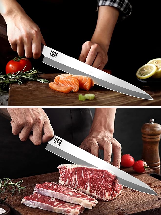 SHAN ZU 10 Inch Sushi Knife, High Carbon Japanese Steel Sashimi Knife, Japanese Knives for Fish Filleting & Slicing, Sushi Making Knives with Red Sandalwood Handle