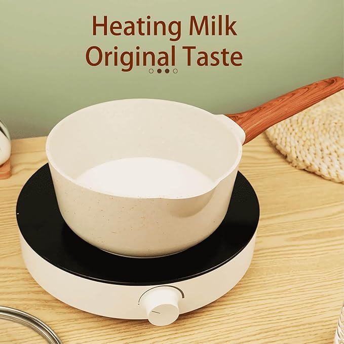 2 Quart Nonstick Sauce Pan with Lid, Small Sauce Pots for Cooking with Pour Spout, Small Induction Pot with Handle for Stove, Induction, Gas, Non Toxic, PFOA Free (Beige, 1 PCS)