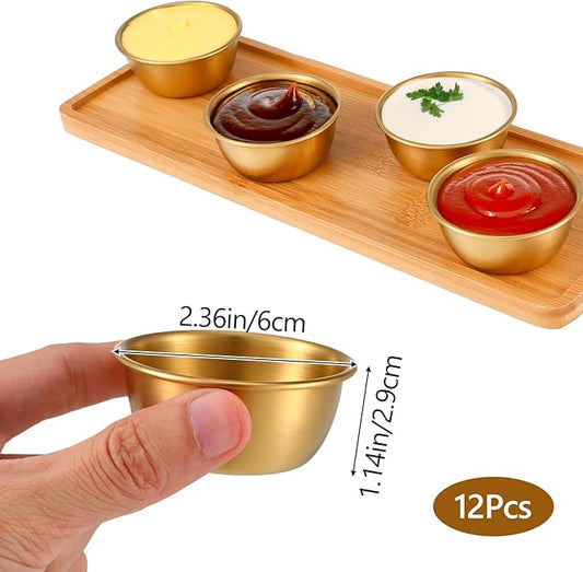 12 Pcs Stainless Steel Dipping Sauce Cups 2 oz Ramekin Mini Sauce Bowls Gold Condiment Cups Reusable Metal Ramekins Containers for Home Kitchen Restaurant Party (Gold)