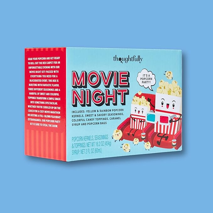 Thoughtfully, Family Movie Night Supplies Kit, Includes Popcorn Bags, Gourmet Popcorn Kernels, Seasonings and Candy Toppings, Gift Basket Idea