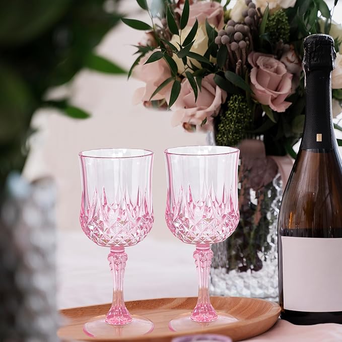12 Pcs Pink Plastic Wine Glasses, Plastic Goblets Vintage Style Cordial Glasses Drinking Glasses Pink Goblets For Home, Office, Bars, Wedding, Ribbed (7 oz)