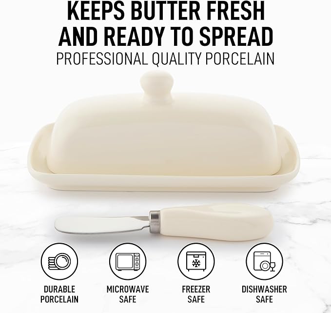 Zulay Butter Dish With Lid For Countertop - Porcelain White, Ceramic Butter Dish with Knob Handle Great for Cooking - Elegant Design Butter Holder - Durable & Sturdy Butter Keeper - Ivory