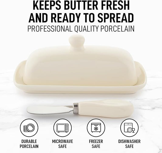 Zulay Butter Dish With Lid For Countertop - Porcelain White, Ceramic Butter Dish with Knob Handle Great for Cooking - Elegant Design Butter Holder - Durable & Sturdy Butter Keeper - Ivory