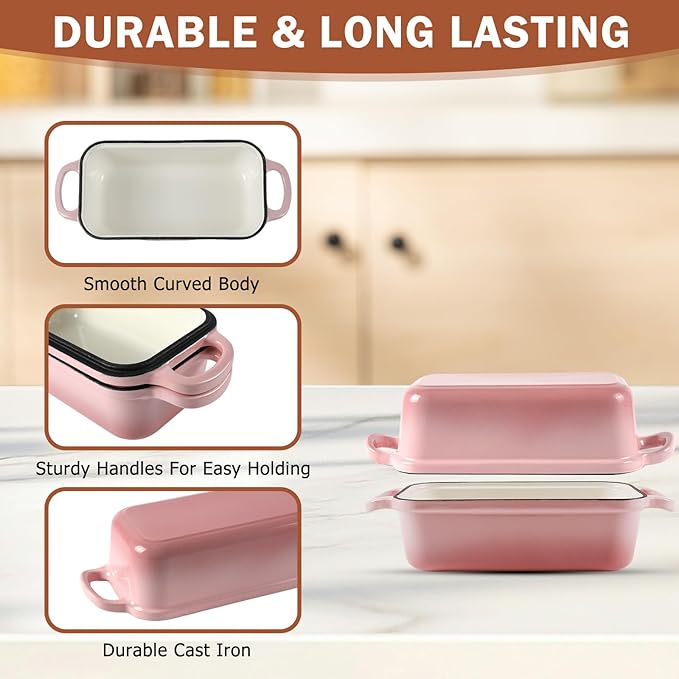 9 x 5 Inch Bread Pan Enameled Cast Iron Loaf Pan with Lid for Baking, 2 in 1 Non-stick Sourdough Bread Loaf Pan for Homemade Bread, Oven & Stovetop Safe for Gas, Electric & Induction, Pink