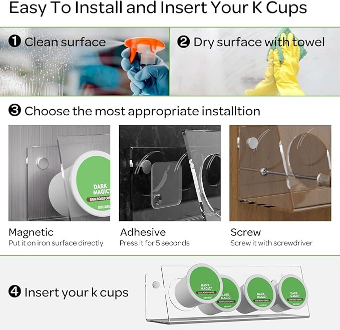 K Cup Holders, Acrylic Coffee Pods Organizer Stand Magnetic & Self-Adhesive for Kitchen Wall, Cabinet, Fridge (4 Pack for 16 Pods)