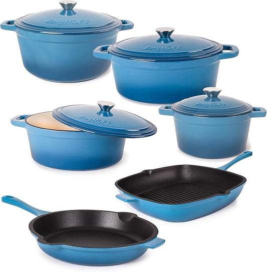 BergHOFF 10Pc Neo Enameled Cast Iron Cookware Set, Matching Lid, Oven Safe Up To 400°F, Blue